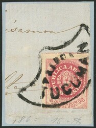GJ.10B, 5c. without accent, carminish rose, tied on fragment by fan ...