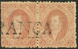 GJ.20, 5c. 3rd printing, light dun-red, pair with FRANCA cancel of ...