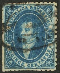 GJ.24, 15c. worn impression, blue, with rococo cancel of Salta, rare, ...