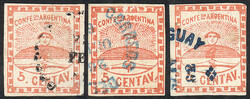 GJ.1, 3 examples with cancels of CONCEPCIÓN DEL URUGUAY in black ...