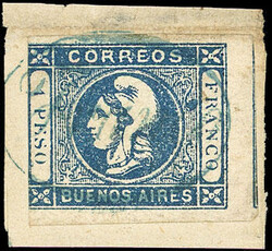 GJ.17c, 1P. blue, worn impression, with variety "1 without period", ...