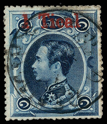 1885, King Chulalongkorn, 1t on 1sol blue, surcharge type c (Scott 8) ...