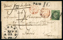 1850, Cérès n°2 15c vert sur lettre pour Paris depuis Paris ...