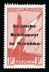 1942, (POSTE ALLEMANDE AU MAROC), 1fr poste aérienne avec surcharge ...