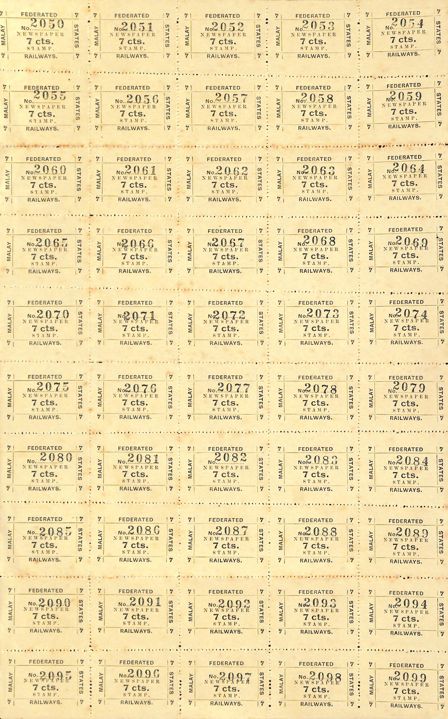 c.1920 F.M.S Railways 7c newspaper stamp on yellow ungummed paper, a ...