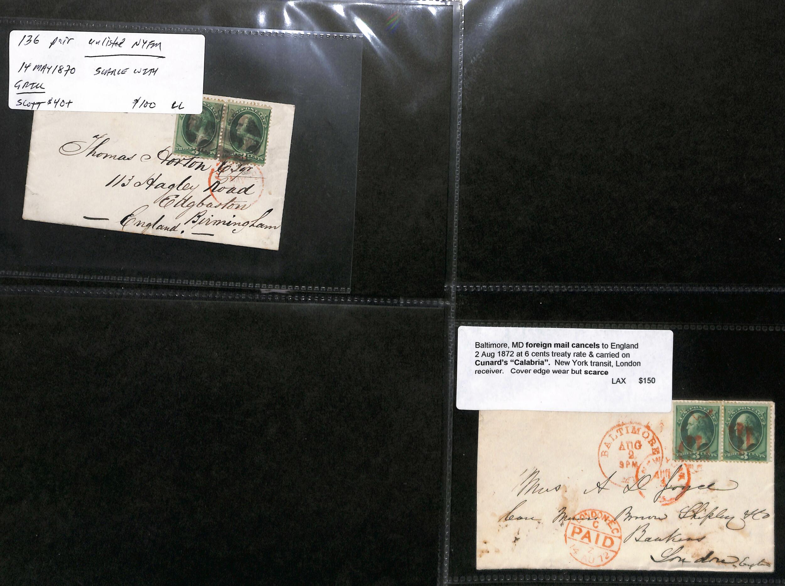 1870-1937 Covers and cards including 1871-77 covers to U.S ships with ...