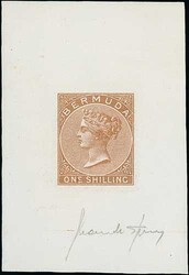 1883 1/- Yellow-brown Sperati forgery, coloured die proof on wove ...
