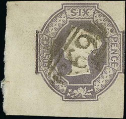 1854 Embossed 6d violet, watermark inverted, corner marginal example, ...