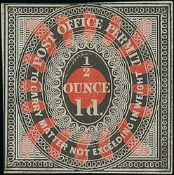 1839 Wyon Essay "Post Office Permit ½ ounce 1d" in red and black, ...
