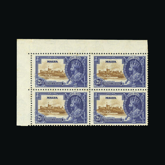 1935 2½d brown & deep blue Silver Jubilee block of 4, variety 'SHORT ...