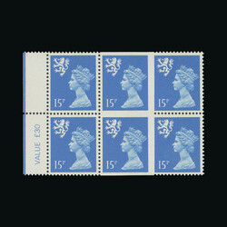1989 15p bright blue Quest printing left marginal block of 6 with ...