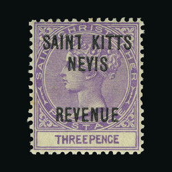 1885 Revenue ovpt 3d mauve showing broken 'T' in 'KITTS' fine u.m. ...