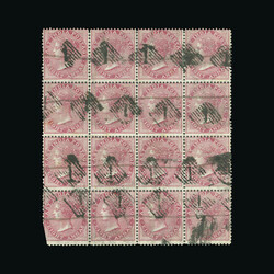 1868 QV 8a rose Die II used block of 16, each correctly cancelled ...