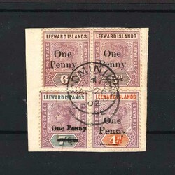 1902 1d on 4d, 1d on 6d pair, 1d on 7d on piece with Dominica AU 28 ...