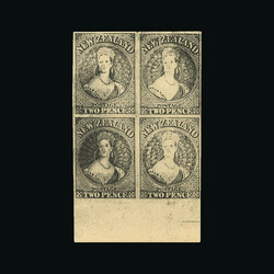 Chalon Head 2d black bottom marginal imperf block of 4 proof. Creased ...