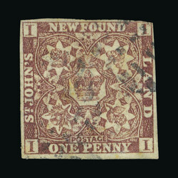 1857-64 1d brown purple used, touched at top right, tiny thin {U} ...
