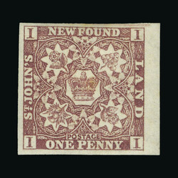 1857-64 1d brown purple fresh mint right marginal, gum faults {MH} ...