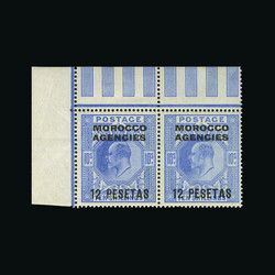 1907 E7 10/- ovpt 12 pesetas in top left corner marginal pair. ...