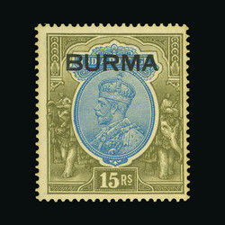 1937 KGVI: Stamp of India ovpt 'BURMA'. 15r blue and olive, wmk Mult ...