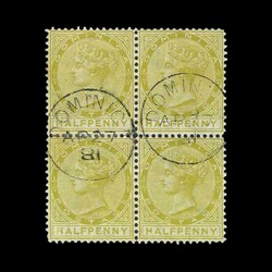 1877-79 CC perf 14 ½d olive yellow v.f.u. block of four {U} [US4] ...