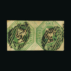 1847 1s green, Die 2, horizontal pair, just shaved at top, the left ...