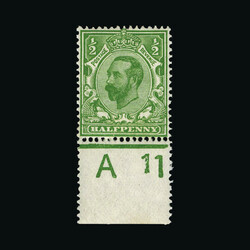 1911-12 Die B ½d yellow-green, with control A11 (wide), perf type IA ...