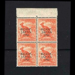 1946-47 ½d orange top marginal block of four u.m., light crease {UM} ...