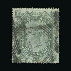 1867-83 blued paper 10s grey-green, CE, smudged squared circle pmk, ...