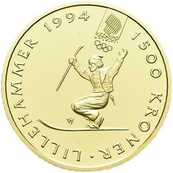 1500 kr 1993. OL Lillehammer 1994. Gullmynt nr. 3, Telemarkjører, ...