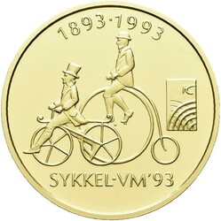 1500 kr 1993. SYKKEL-VM gullmynten. 16,96 gram .917 gull. Beskyttet i ...
