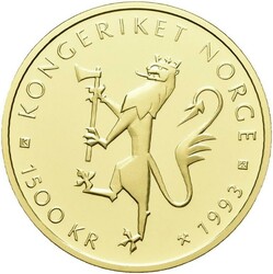1500 kr 1993. SYKKEL-VM gullmynten. 16,96 gram .917 gull. Beskyttet i ...
