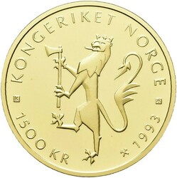 1500 kr 1993. SYKKEL-VM gullmynten. Kvalitet proof, 16,96 gram .917 ...