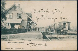 AAS Jernbanestation. Nærbilde stasjonen, med togsett (C. Herstad, ...