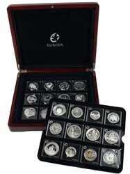 EURO-MYNTER. Skrin med 24 forskjellige store minnemynter i sølv fra ...