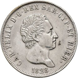 ITALIA. Carlo Felice. 5 lire 1828 P, Genoa, kvalitet 1+/01, flekker, ...