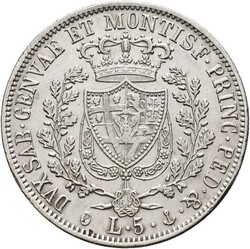 ITALIA. Carlo Felice. 5 lire 1828 P, Genoa, kvalitet 1+/01, flekker, ...