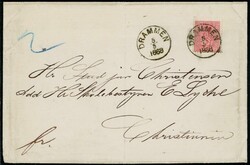 15b. Singel 8 sk på brevomslag med rettvendt DRAMMEN 5/5 1868. ...