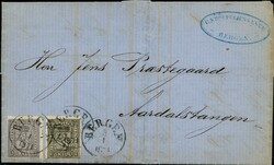 11, 13b. 1 og 3 skilling 1867 = 4 skilling innenriksporto fra BERGEN ...