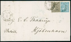 11, 14. 1 og 4 skilling 1867 - 5 sk porto på brevomslag stpl. ...