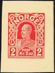HAAKON 1910 - fargeprøve i rødt med valør kr. 2.00 på tykk ...