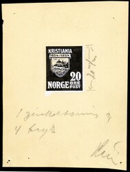 KRISTIANIA 1624-1924 - utkast til 20 øre merke i svart på kartong ...
