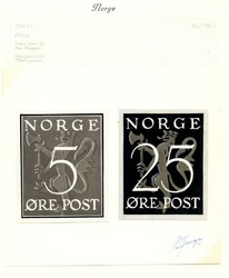 PER FRENGER 1947(?) - to håndmalte fotografiske utkast med valør 5 ...