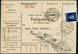 Kr 1,50 Løve på følgebrev stemplet KRISTIANSUND N. 12.10.44 ...