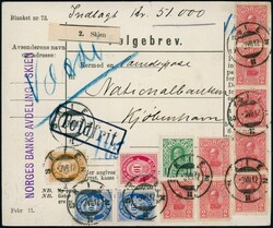 DANMARK. Følgebrev fra Skien 3/8-12. Frankert med totalt kroner 17 ...