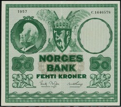 50 kr 1957 C.1646578 Brofoss / Thorp, vannmerke I, kvalitet 01. NP 34B