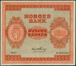 100 kr 1947 B.3093888. NP 43B. Kvalitet 01, men noe kraftig midtbrett ...