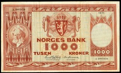 1000 kr 1971 A.4007870, Getz Wold / Ødegaard, kvalitet 1-. NP 74E