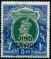INDIA - JIND O 85. 5 R tjeneste 1948, med del av to lette stempler. ...