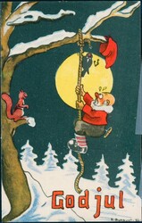 KJELL AUKRUST. Fint julekort med nisse som klatrer i tau for å hente ...