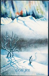 KJELL AUKRUST. Skispor med nordlys i bakgrunn "God Jul" (J.H.K. Serie ...